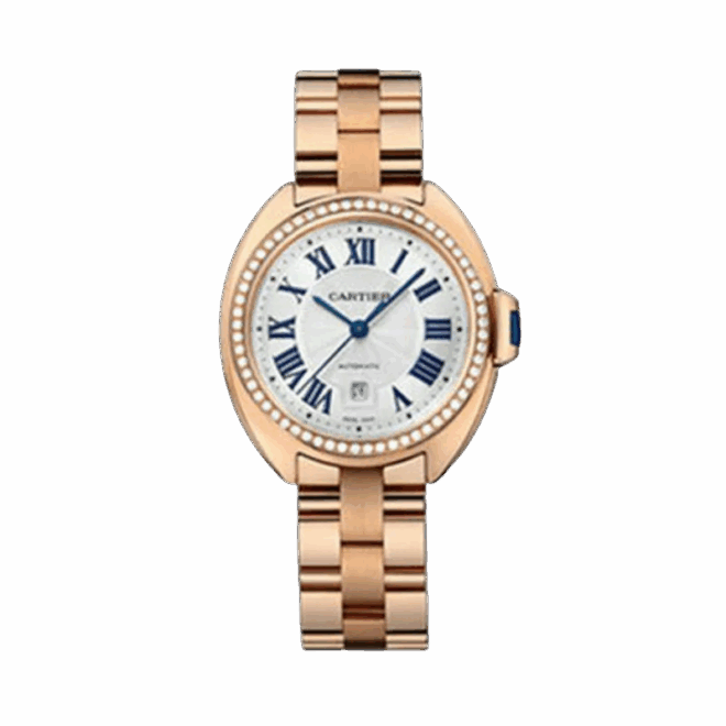 cartier cle de cartier 31mm pink gold diamond case white dial ladies watch